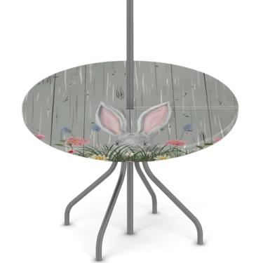 Imagem de hongjinglin Toalha de mesa de Páscoa para uso ao ar livre com orifício para guarda-chuva, toalha de mesa redonda elástica com zíper, impermeável, limpável, para piquenique, festa, pátio, serve para