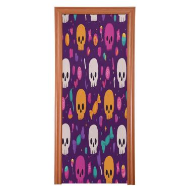 Imagem de Blueangle Capa de porta elástica com estampa de caveira e doces - Faixa de porta frontal de tecido elástico para Halloween, decoração de festa em casa ao ar livre (763)