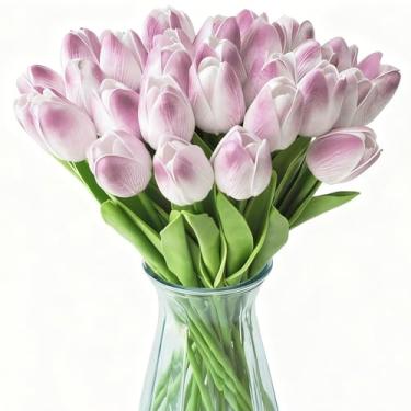 Imagem de Flores artificiais roxas em branco para vaso de tulipas realistas, buquês para casamento, casa, festa, férias, 2 peças