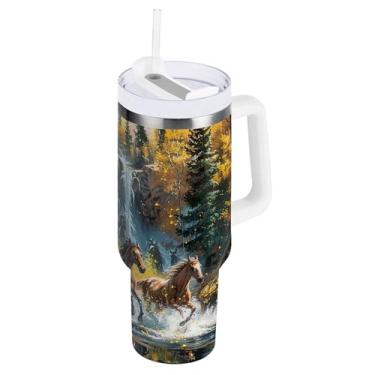 Imagem de xigua Copo Majestic Horse de 850 g com tampa e canudo, aço inoxidável de vácuo duplo isolado garrafa de água esportiva suporte de copo de café de viagem à prova de vazamento para bebida gelada