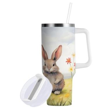 Imagem de Blueangle Copo de coelho da Páscoa de 850 g com alça e tampa de palha, copo isolado reutilizável de aço inoxidável garrafa de água caneca de viagem (54)