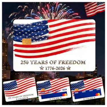 Imagem de Nydia Capas de cartão de crédito com bandeira americana patriótica, pacote com 4 adesivos de aniversário de 250 anos dos EUA, adesivo forte removível, à prova d'água, decalques de cartão de débito que