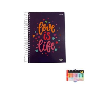 Imagem de Kit Caderno Femininos 20 Matérias 400 Folhas KBOM + Caneta Esferográfica Spiro Azul e Preta + Marca Texto Boss Estojo 06 Cores Pastel