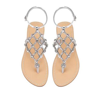 Imagem de UTIKLIOU Sandálias femininas rasteiras com strass e tiras em T, sandálias de dedo para mulheres, praia, verão, Prata, 7.5