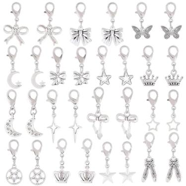 Imagem de CRASPIRE 30 peças, 15 estilos, pingentes, pingentes de liga de prata, decoração de sapatos com fecho de lagosta, laço, estrela, lua, coroa, borboleta, brilhante, para tênis, botas, lona, joias, colar