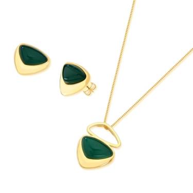 Imagem de POSSEBON NATURAL STONES Conjunto de colar e brinco cabochão de ágata verde banhado a ouro 14k – Presente de joias de pedra natural – Coleção diária