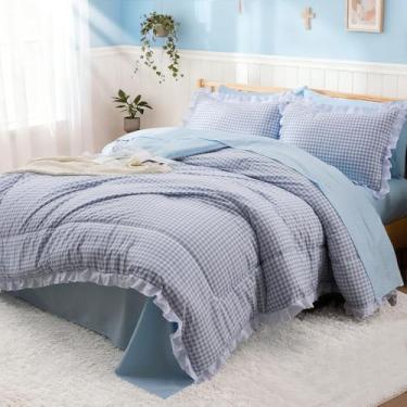 Imagem de A Nice Night Conjunto de edredom casal, 5 peças, leve, macio, rústico, com babados, xadrez, chique, conjunto de cama com fronhas