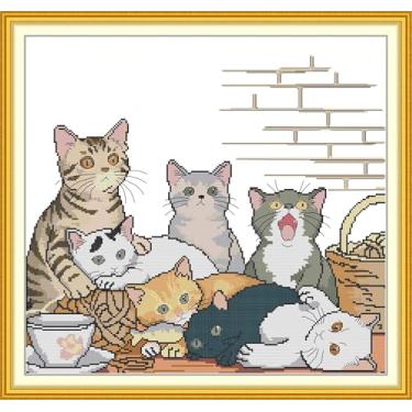 Imagem de CrossNest Kit de ponto cruz com contagem de animais de 14 quilates para iniciantes, conjunto completo de bordado DIY não impresso com padrão e ferramentas, pano Aida premium e fios (Sete gatinhos)