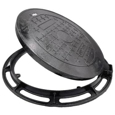 Imagem de DuuMuut Tampa De Bueiro De Ferro Fundido E Estrutura De 16”, Tampa De Tanque Séptico Preta Classe B Com Base, Tampa De Bacia De Esgoto Redonda, Tampa De Inspeção De Metal Resistente Para Entrada De