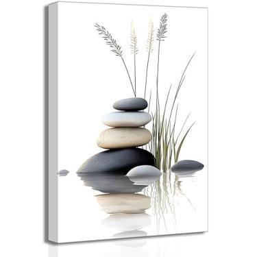 Imagem de Arte de parede em tela Zen Stone Pedras empilhadas na água com gramíneas, pintura de imagem, impressão de pôster, adequado para ioga, meditação, sala, banheiro, quarto, estudo, decoração de casa