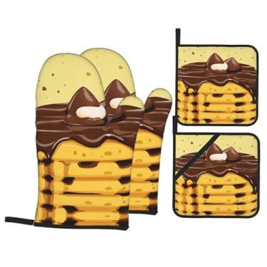 Imagem de Padrão de sorvete e waffle - Conjunto de luvas de cozinha estampadas com suportes de tampa, luvas de forno resistentes ao calor para lidar com panelas quentes, grelhar, churrascos, kit de 4 peças.