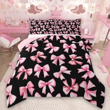 Imagem de Feelyou Conjunto de edredom com laço rosa kawaii, solteiro, sonhador, princesa, lindo, laço e colcha, presentes para mulheres, meninas, adolescentes, decoração de quarto, nó de laço fofo, 2 peças com