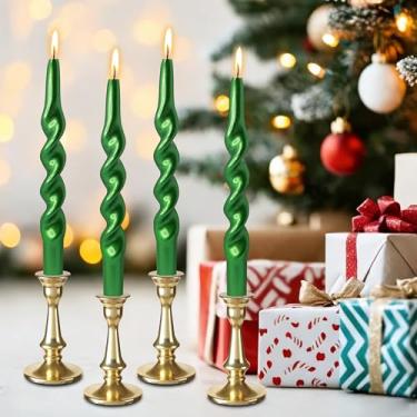 Imagem de Velas espirais de Natal, velas cônicas verdes metálicas - Castiçal sem cheiro de 25,4 cm para presente de inverno, Natal, decoração de casa, velas, pacote com 4