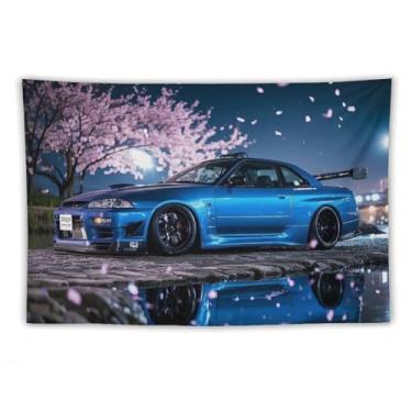 Imagem de HouLaiZhe Tapeçaria de carro Midnight Jdm R32 Flores de cerejeira caindo para pendurar na parede quarto decoração de casa tapeçarias estética piquenique decoração de parede arte de parede para