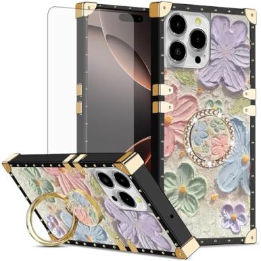 Imagem de Asuwish Capa de celular para iPhone 16 Pro Max 17.5 cm capa magnética com protetor de tela de vidro temperado e anel de flor de pintura suporte rígido i Phone16 16Pro i16 ProMax 16ProMax feminino