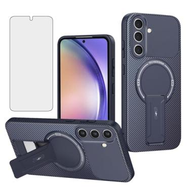 Imagem de Asuwish Capa de telefone para Samsung Galaxy A35/A55 5G Capa magnética de fibra de carbono com protetor de tela de vidro temperado e suporte protetor fino celular macio A 35 55 35A 55A A355G A555G