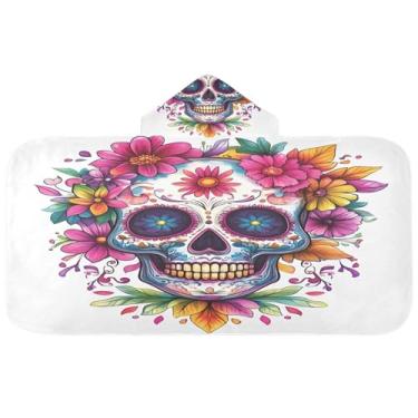 Imagem de Burbuja Toalha de banho com capuz de flores coloridas de caveira em aquarela para crianças, toalha de praia de pelúcia macia absorvente para meninas e meninos 3-10 anos, 61 x 127 cm