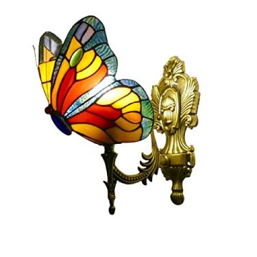Imagem de Arandela de parede estilo Tiffany com borboletas, luminária de parede pastoral em vitral, luminária frontal espelhada retrô europeia para quarto, cabeceira, corredor, varanda, E27,B