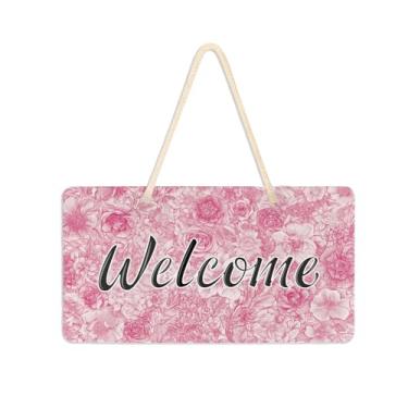 Imagem de Burbuja Placa de boas-vindas floral rosa para porta da frente, placa de boas-vindas de PVC para decoração de férias, 15 x 28 cm