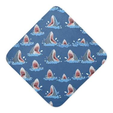 Imagem de Burbuja Toalha de banho de bebê Cartoon Sharks - Toalha com capuz de musselina macia e absorvente para recém-nascidos, 76 x 76 cm