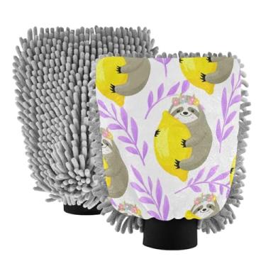 Imagem de STAYTOP Lindas luvas de lavagem de carro preguiça e limão amarelo, 2 peças, luvas de microfibra de chenille, sem arranhões, panos de esponja de lavagem ultra absorventes para carros, limpeza doméstica