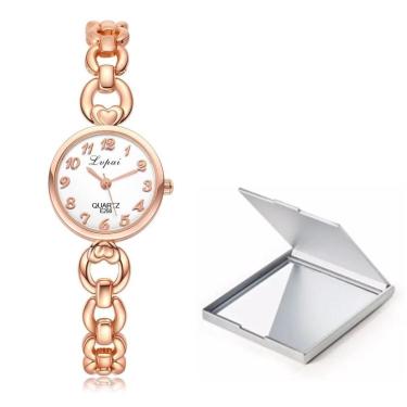 Imagem de Kit Relógio Dourado Rose Feminino Clássico Pequeno + Espelho-Feminino