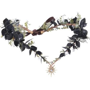 Imagem de MOSTORY Coroa de elfo de flor negra – círculo floral gótico para acessórios femininos de fadas escuras, coroa de elfos góticos de eucalipto para cosplay estético renascentista renfaire bruxa