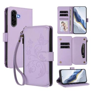 Imagem de Monwutong Capa carteira de armazenamento com zíper para Samsung Galaxy A17, capa para A26 5G, couro PU padrão borboleta com compartimentos para cartão Muliti, coldre para Galaxy A26 5G/A17, DLH roxo