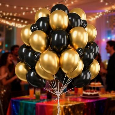 Imagem de 70 balões pretos e dourados para aniversários, aposentadoria, formatura, véspera de ano novo, decorações de festa