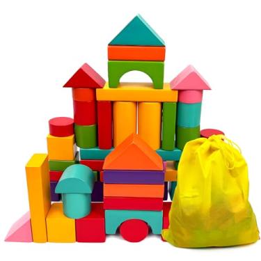 Imagem de Cheardia 100 Pack Wooden Building Blocks, Standard Colored Natural Blocks with Storage Bag for Playing, Parties Hands for Indoor Activity Play