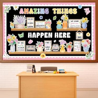 Imagem de Conjunto de 74 peças de decoração de quadro de avisos inspirador quadro de avisos Amazing Things Happen Here recortes de papel de volta às aulas decoração motivacional de sala de aula para sala de