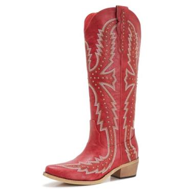 Imagem de ZXHYZLZ Botas femininas bordadas vermelhas cowgirl – Botas caubói na altura do joelho ocidental com costura clássica, detalhes cravejados, design de puxar e salto baixo, Vermelho, 40
