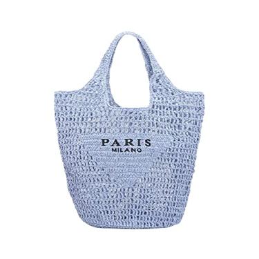 Imagem de Nova bolsa de tecido, bolsa de malha de palha, praia, bolsa de ombro, bolsa feminina Hobo, dobrável de grande capacidade, para férias, piquenique e festa., Azul