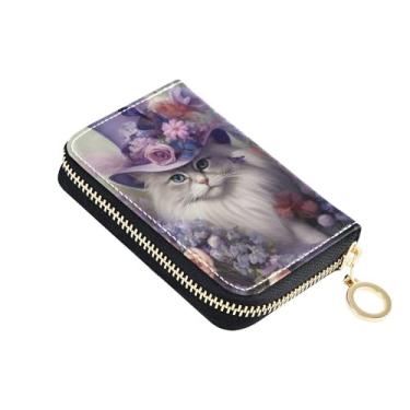 Imagem de Carteira feminina com chapéu de flores de gato engraçadas de couro com bloqueio de RFID, carteira de cartão de crédito à prova de digitalização com zíper