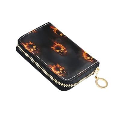 Imagem de Cool Skulls Fire Dark Black Carteiras femininas de couro com bloqueio de RFID, carteira de cartão de crédito, linda carteira compacta com zíper e bolso para moedas