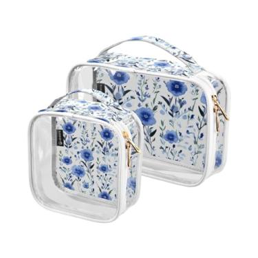Imagem de GAIGEO Conjunto de 2 sacos de higiene pessoal transparentes, tabuleiro de xadrez verde com margaridas brancas, conjunto de bolsas transparentes para viagem, Flor azul em branco, one size