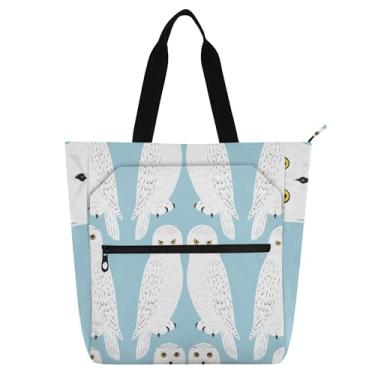 Imagem de GAIGEO Sacola branca de corujas da neve azul claro para crianças e mulheres com zíper linda estampa animal escolar trabalho viagem bolsa reutilizável