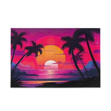 Imagem de Quebra-cabeça de madeira e papel com 1000 peças de praia tropical pôr do sol vegetação com bolsa de armazenamento para homens