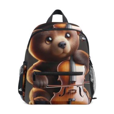 Imagem de GAIGEO Cute Bear Cello Music Child Backpack 10x4x12 In, Mini Backpack for Boys with Water Bottle Pockets, Whistle Buckle
