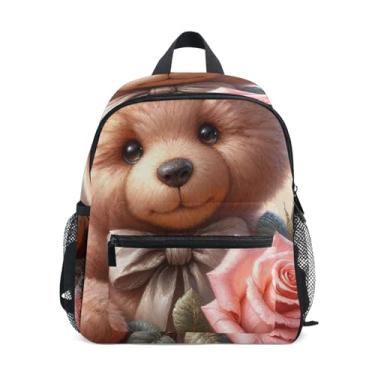 Imagem de GAIGEO Cute Teddy Bear Rose Childrens Backpack 10x4x12 In, Toddler Backpack for Girls with Water Bottle Pockets, Whistle Buckle