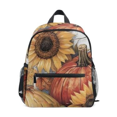 Imagem de GAIGEO Autumn Festive Pumpkins Flower Toddler Backpack with Whistle, 2 Bottle Pockets, Lightweight, Preschool Backpack 10x4x12 In, for Ages 3-8