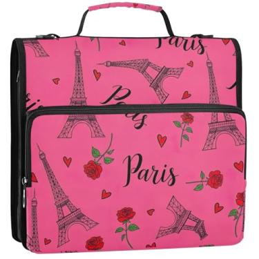Imagem de Fichários de 3,8 cm, 3 anéis, Torre de Paris, rosa e rosa, organizador de fichários para ensino médio com alça de desenho animado, vários bolsos, pasta grande, 34,5 x 31,5 x 9 cm