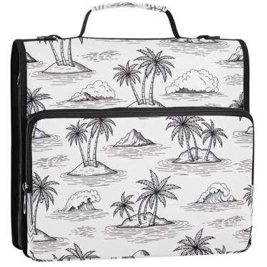 Imagem de Fichários de 3,8 cm, 3 anéis, palmeiras, preto e branco, organizador com zíper, bolsa organizadora com alça para escola, profissional, vários bolsos, pasta grande para portfólio 34,5 x 31,5 x 9 cm