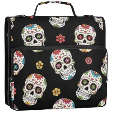 Imagem de Fichário grande de 3,8 cm, 3 anéis, caveiras coloridas, fecho de correr, organizador de fichário, portfólio e estojo, pasta de anel, bolsa escolar com alça de ombro, 34,5 x 31,5 x 9 cm