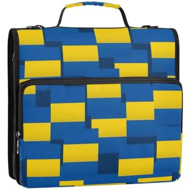 Imagem de Lindo organizador de fichário com zíper, 3 fichários de 3,8 cm, bloco de anéis em D, amarelo e azul, estojo com alça para fichário escolar com alça de ombro, 34,5 x 31,5 x 9 cm