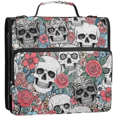 Imagem de 3 fichários com caveiras pretas e brancas com 3 anéis de 3,8 cm D para fichário com zíper, bolsa de fichário para ensino médio com alça, pasta de armazenamento profissional com alça, 34,5 x 31,5 x 9