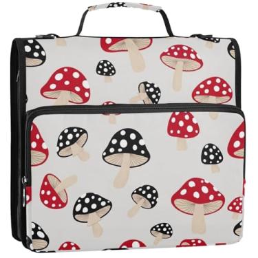 Imagem de Organizador de fichário grande com zíper 3 fichários de 3 anéis, pasta de armazenamento de cogumelos vermelhos e pretos com alça para escola, 34,5 x 31,5 x 8,9 cm