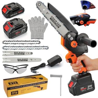 Imagem de SANJIAN Mini Motosserra Sem Escovas, Fio, Com 2 Baterias De Lítio E Sistema Lubrificação Automática, Serra Elétrica Recarregável 21 V, Pequena Portátil, Ferramenta Jardim Para Corte Madeira, Galhos
