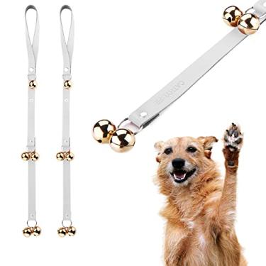 Imagem de CATHYLIFE Campainhas de couro para maçanetas de porta/treinamento de penico/saída; sino de cobre para cães com ajuste de comprimento, sino suspenso para treinamento doméstico, sinos dourados de couro
