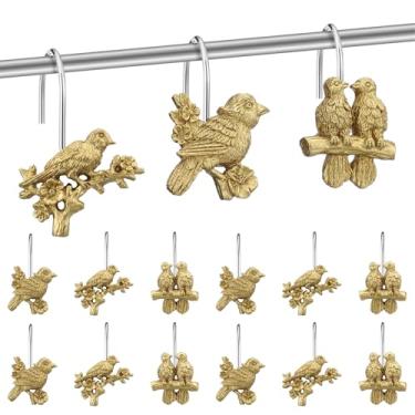 Imagem de Amyhill 12 peças de ganchos de cortina de chuveiro de pássaros dourados antigos ganchos de cortina de chuveiro de aço inoxidável resina natureza primavera ganchos temáticos para decoração de casa de